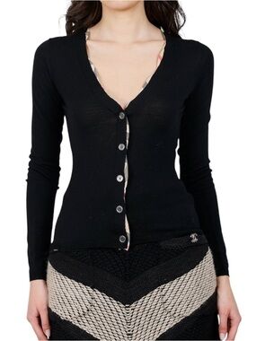 Burberry V-Neck Cardigan with Check Trim